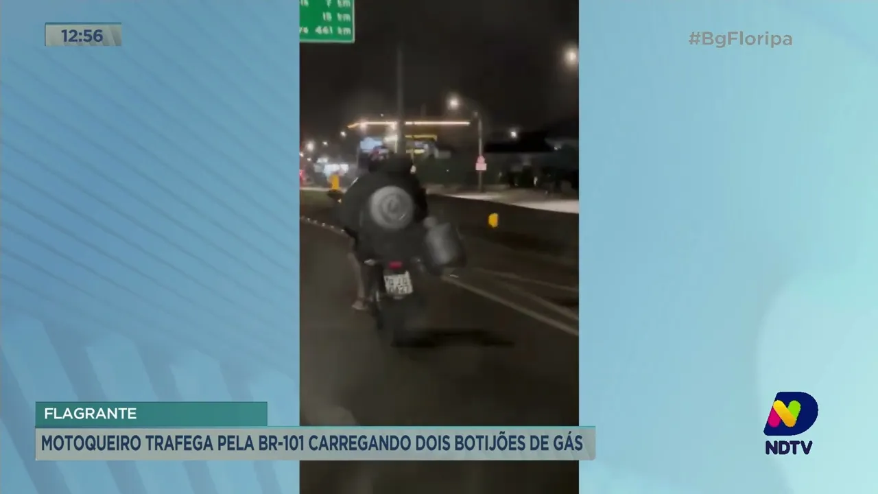 Moto é flagrada com carregamento de dois botijões de gás na BR-101, entre Biguaçu e São José