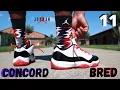 EARLY LOOK JORDAN 11 LOW CONCORD BRED REVIEW ON FEET W LACE SWAPS