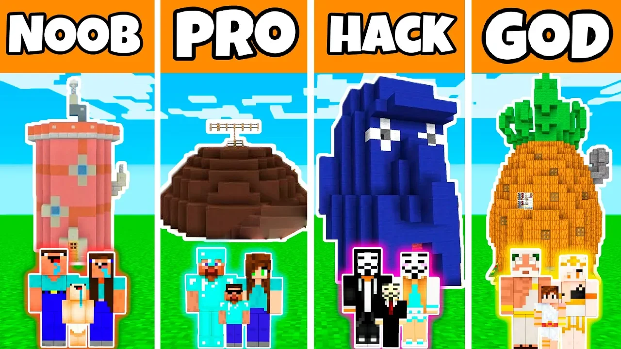 Minecraft: FAMILY SPONGEBOB HOUSE BUILD CHALLENGE - NOOB vs PRO vs HACKER vs GOD in Minecraft