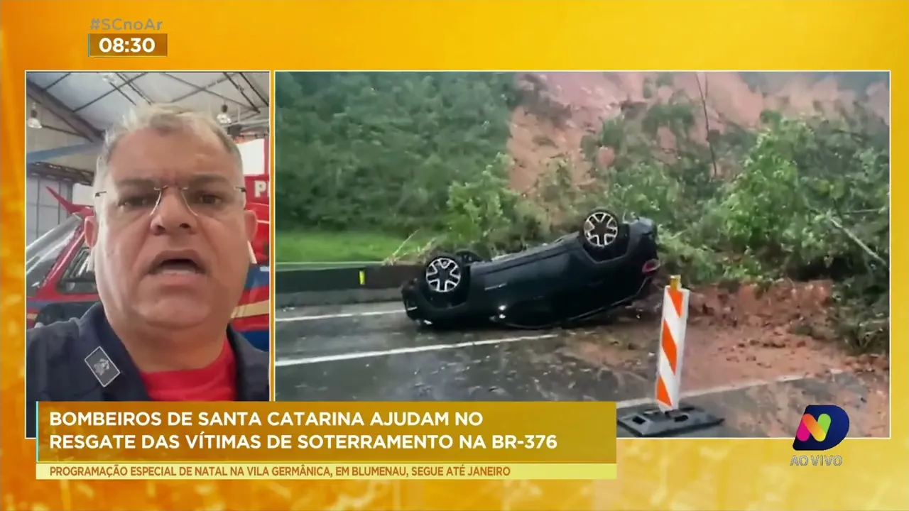 Bombeiros de SC fazem resgate das vítimas nos deslizamentos de terra na BR-376
