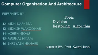 Restoring Division Algorithm Computer Organization and Architecture FY - M 8 VIT PUNE