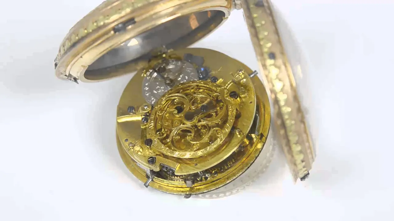Pocket watch: multicoloured gold verge watch with repetition and original gold chatelaine, France