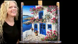 GREEK GETAWAY-Learn How to Draw and Paint with Acrylics-Easy Beginner Canvas Painting Tutorial