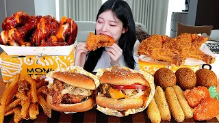 ASMR MUKBANG| 맘스터치 양념치킨 치킨버거 후라이드 치킨 먹방 & 레시피 FRIED CHICKEN AND CHEESE BURGER EATING