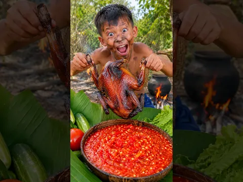 His Reaction to This Fire-Roasted Chicken 😂 | Primitive Boy #Shorts