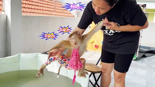 Monkey LYLY was eager to swim after being out in the sun, but her mother disagreed because