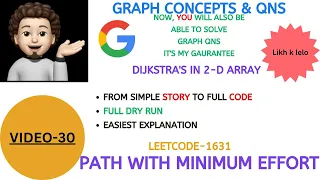 Path With Minimum Effort Leetcode-1631 Dijkstra in 2-D Matrix GOOGLE Graph Concepts Qns - 30