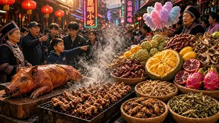 Street food in Yunnan, China: a variety of meat dishes, unique snacks, vegetables, and fruits.
