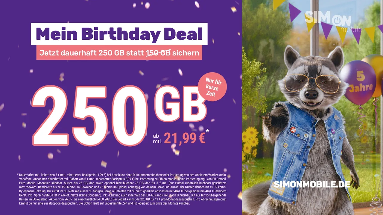 SIMon mobile — Simon Mobile - Birthday Deal: 250 GB for 21,99€ (YouTube video ad)