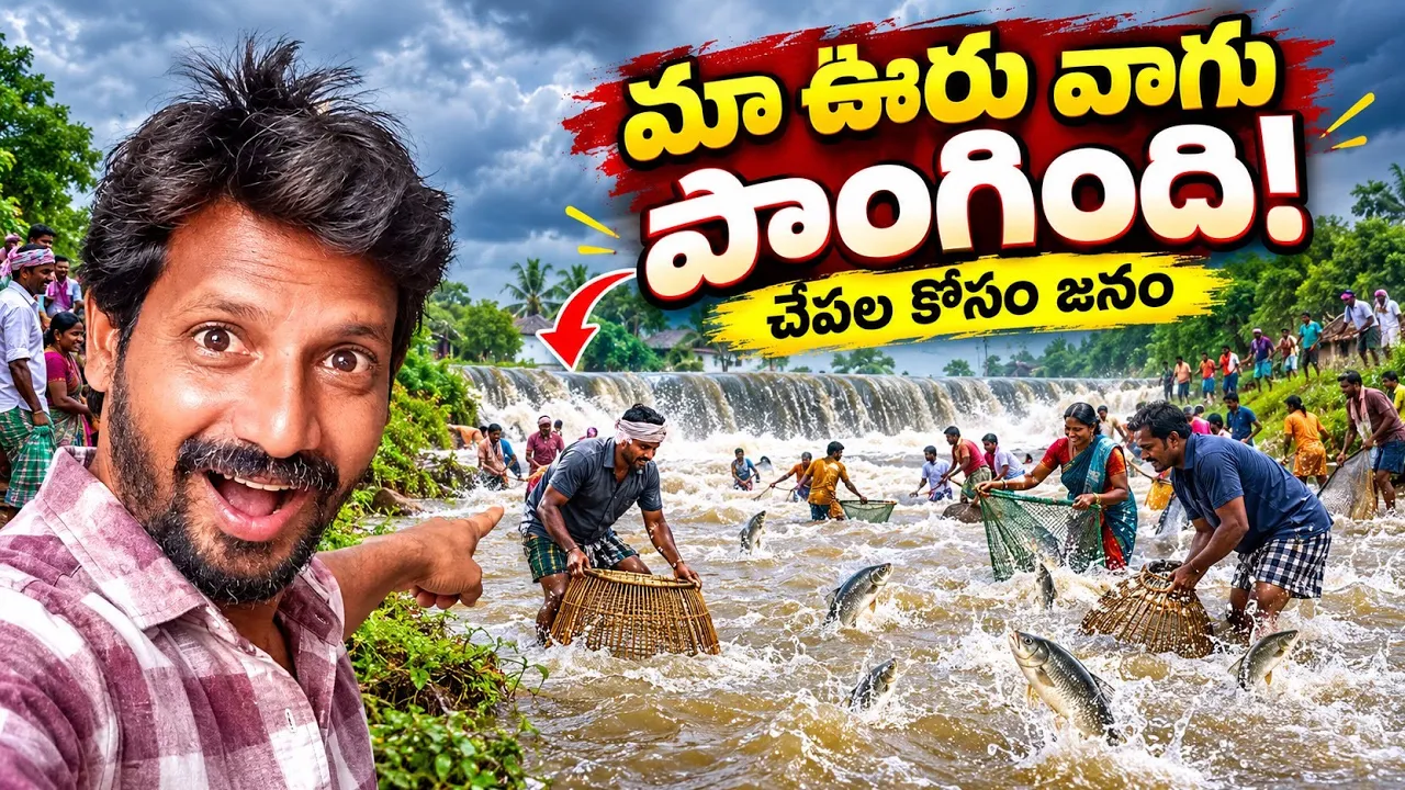 మా ఊరు వాగు పొంగింది చేపల కోసం జనం