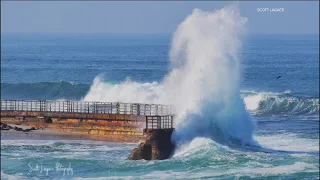 Children s Pool La Jolla sea wall railing damaged by high surf