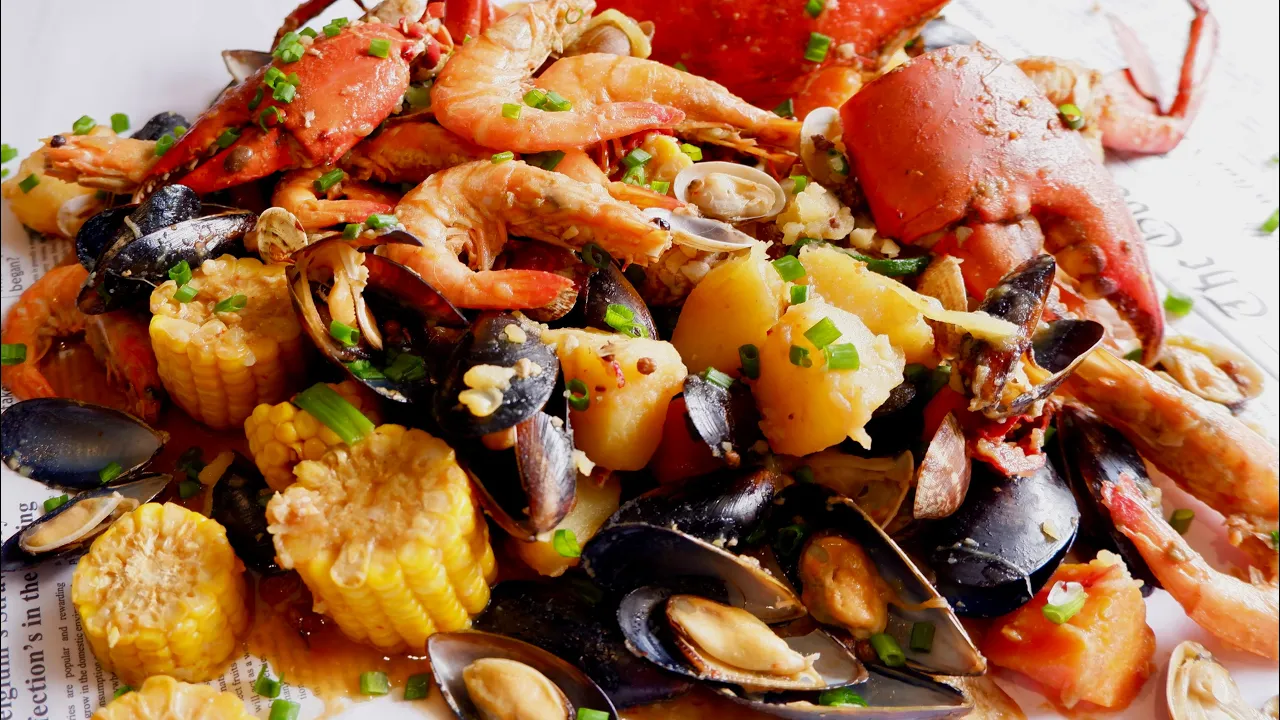 Party Perfect Recipe! One Pot Chinese Spicy Seafood Platter  Asian Crab Boil w/ Shrimp Clams