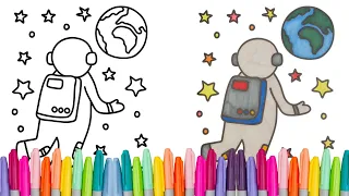 Coloring An Outer Space Coloring Book Page Astronaut Earth Stars Kids Toddler Color Art Activity