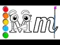 using brush and colors to draw cartoon letter M printable color pages for kids and toddlers