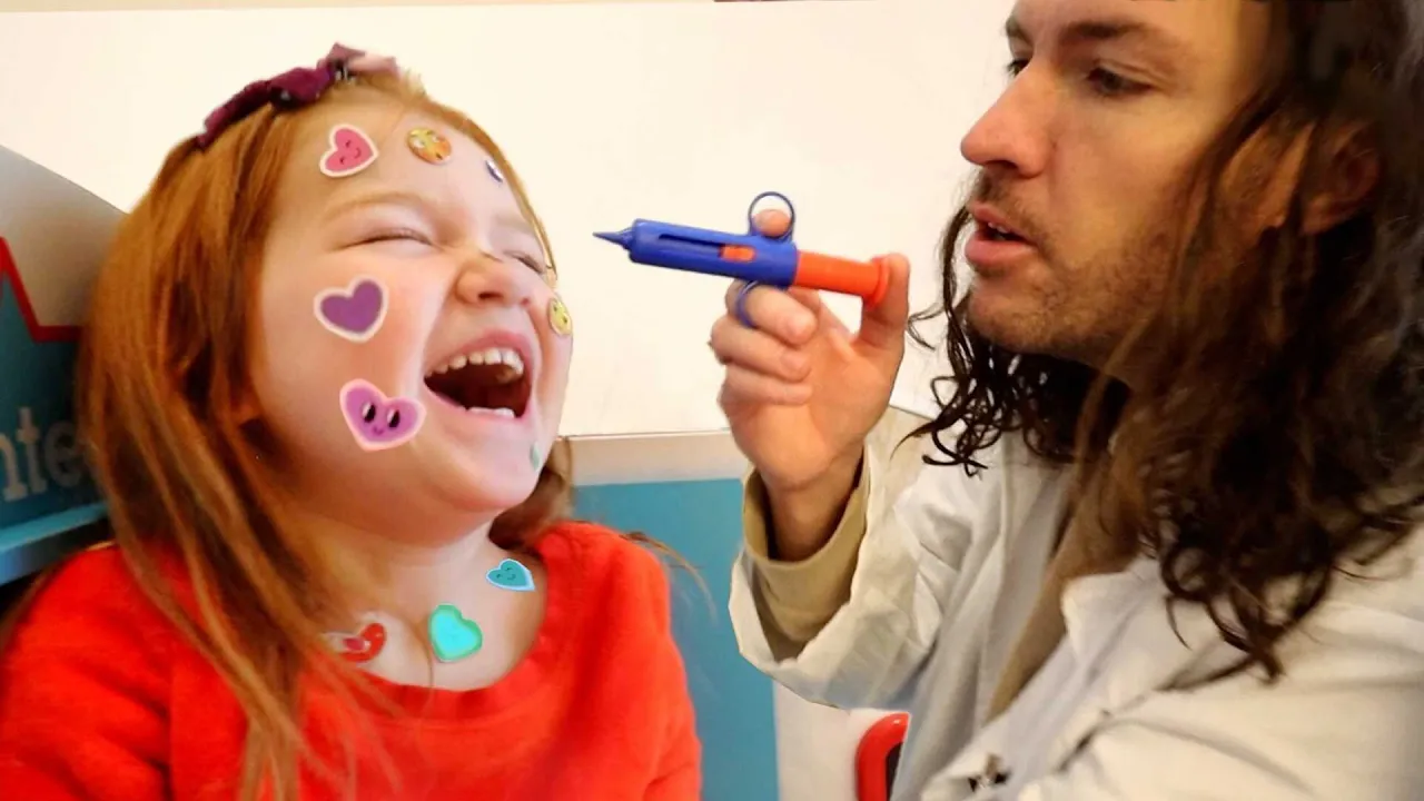 Adley has STiCKER POX!!  Brave Doctor visit with Nurse Mom and 2 Shots from Dr Dad new play pretend