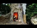 Lagu Building a Warm Secret Shelter Deep Inside a Giant Tree, Clay oven. Bushcraft