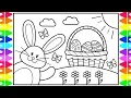 How to Draw a Cute Easter Bunny and Easter Eggs Easter Drawing and Coloring Page for Kids