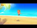 A cartoon animated sunny beach scene with warm sand a hot tropical feel bright sunlight