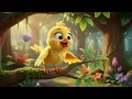 A tiny cheerful yellow bird with an orange beak perches on a branch, looking excited.