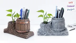 Easy DIY Tree Trunk Pen Holder & Planter || Cement Craft Tutorial