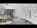 4K HDR Snowfall \u0026 River - Stream Sounds \u0026 Heavy Snow Falling - Snowy Winter Village Scenery - Relax