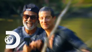 bear grylls and rajinikanth cross crocodile infested waters into the wild with bear grylls