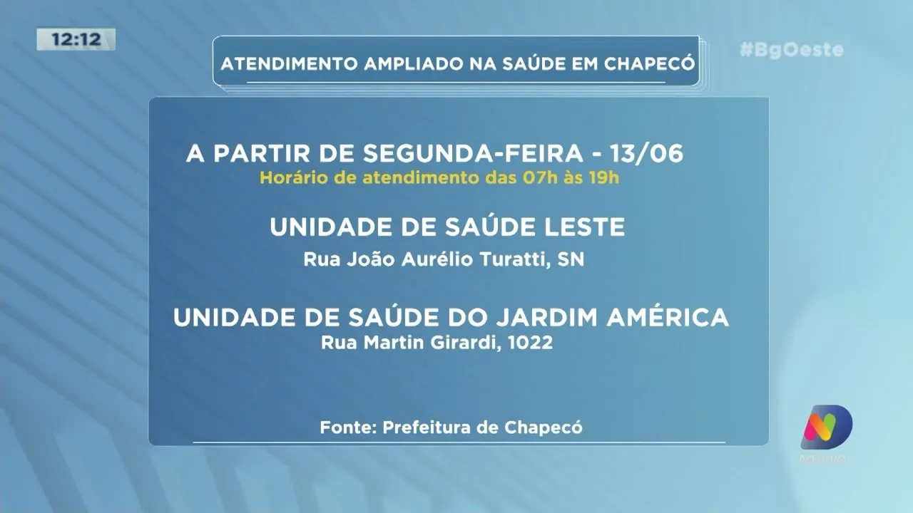 Unidades de Saúde Leste e do Jardim América atenderão em novo horário em Chapecó