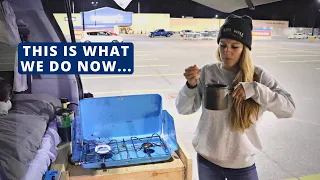 How We Stay Warm for Winter Van Life (ft. Cooking Dinner in a Walmart Parking Lot)