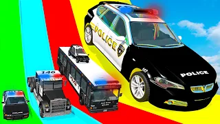 giant u0026 small police car vs portal trap with slide colors cars vs trains beamng drive