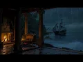 Download Lagu Cozy Porch by the Stormy Sea 🌊🔥 Pirate Ship View | Rain, Fireplace \u0026 Waves for Deep Sleep