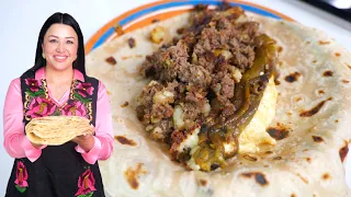 Homemade BURRITOS: Fresh Flour Tortillas, Ground Beef Potatoes and Chile Verde Filled with Cheese  