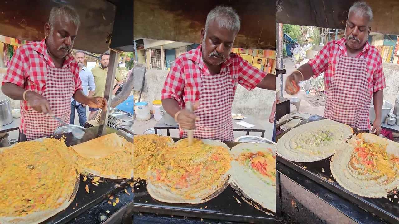 Famous Rajnikant Style Muttu Dosa Wala in Mumbai   Indian Street Food   Preparing Mysore Masala Dosa