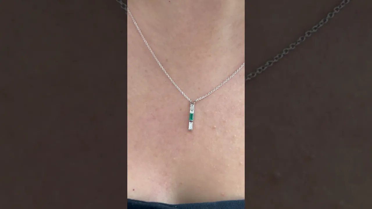 14K White Gold Baguette Emerald And Diamond Vertical Bar Pendant