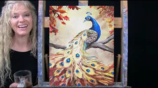 Learn How to Draw and Paint with Acrylics PEACOCK in AUTUMN Beginner Lesson-Paint and Sip at Home