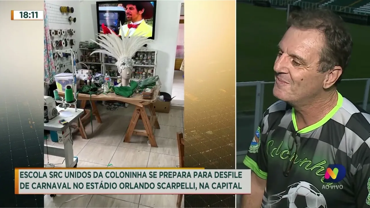 Escola SRC Unidos da Coloninha se prepara para desfile de carnaval no estádio Orlando Scarpelli