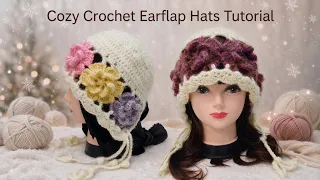 Crochet Flower Cute Earflap Hat with Tassels Winter Crochet Hat Tutorial