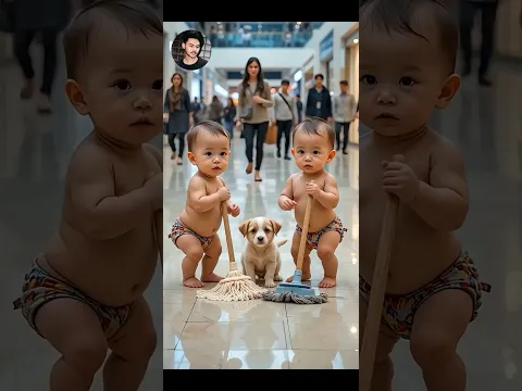 Twin Babies Cleaning Mall Floor with Puppy | Cute Baby Dance & Funny Moments. #shorts #short #funny🔥