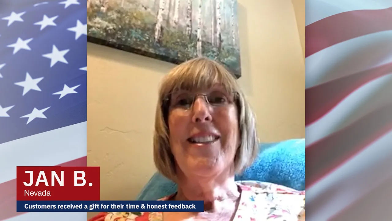 Video thumbnail showing a woman named Jan B. from Nevada smiling while giving a testimonial about 4Patriots emergency food kits. A U.S. flag borders the frame, and the caption notes that customers received a gift for their honest feedback.