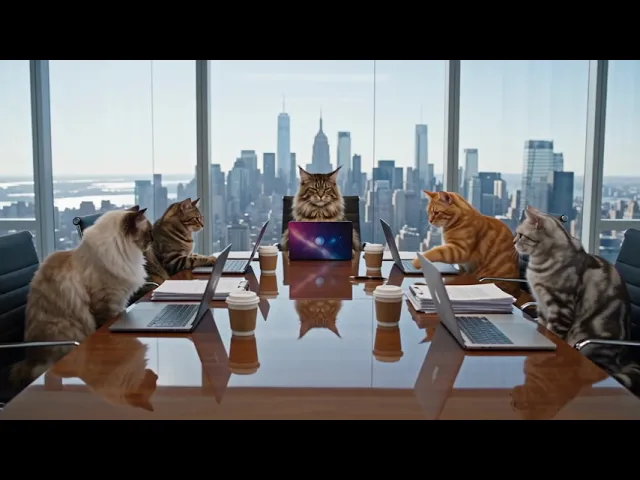 Five cats seated around a boardroom table with laptops