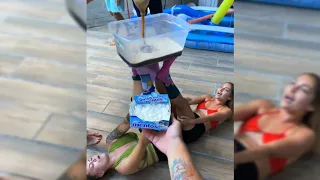 hot girls socks removing challenge with coke tub