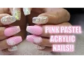 ACRYLIC NAILS PASTEL PINK COFFIN SHAPE GLITTER CONFETTI 3D FLOWER