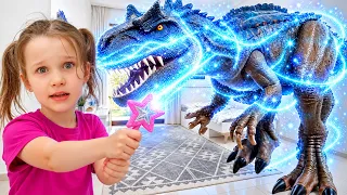 Uma história de dinossauros para crianças — as crianças transformam os brinquedos em dinossauros. 🦖💚
