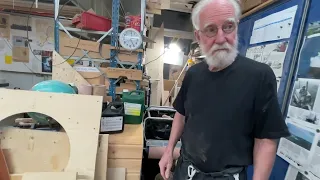 1 August 2022. Yrvind showing Sam Holmes his workshop and some of the tools and machines.