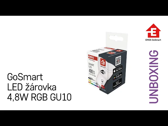 Лампа LED 4.8W RGBW GU10 PAR16 400lm 120° димируема 20000h Wi-Fi GoSmart EMOS опаковка и разопаковане.