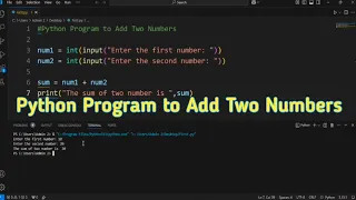 Python program to add two numbers Visual Studio Code Add two numbers program Python tutorial