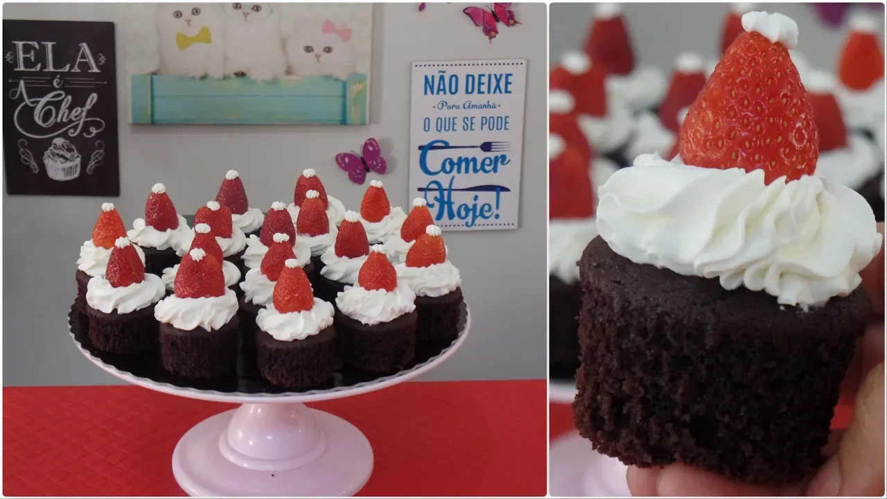 CUPCAKE DE CHOCOLATE COM MORANGO E COBERTURA DE CHANTILLY RECEITA DE NATAL