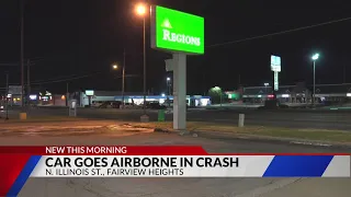 Car goes airborne hits Regions bank sign in Fairview Heights Illinois