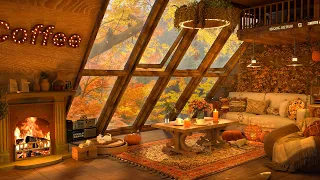 4K Cozy Forest Coffee Shop Autumn Rain ☕ Relaxing Jazz Piano & Fireplace Ambience for Study, Reading