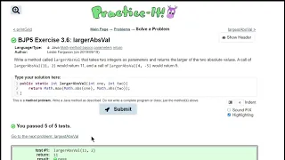Java Practice It 3 6 largerAbsVal method basics parameters return math
