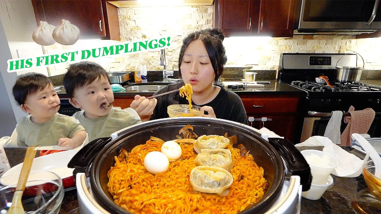 His first dumplings!! + Carbonara Fire noodles mukbang